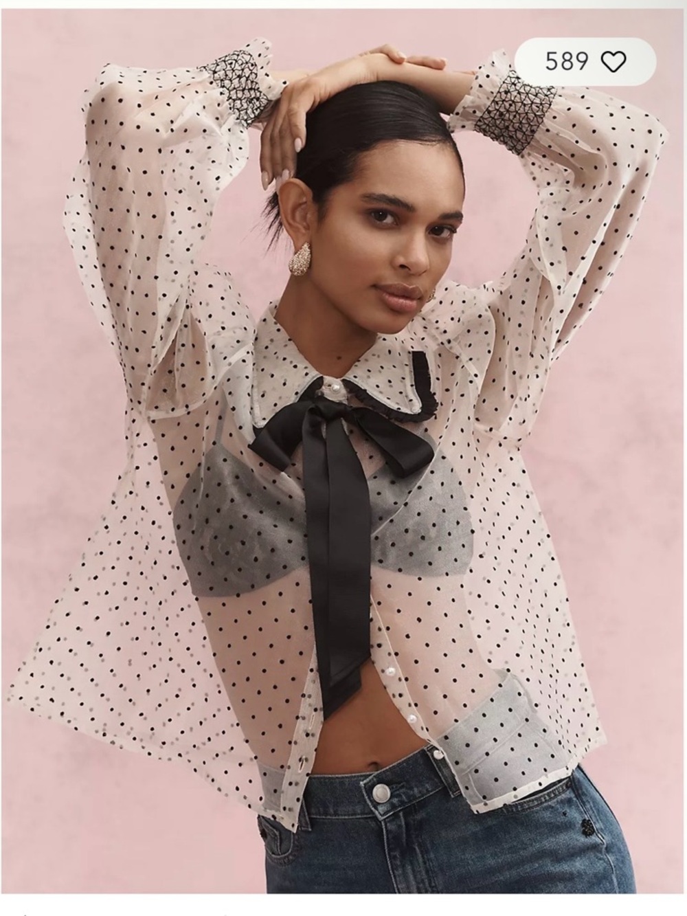 Mille Greta Sheer Tie Neck by Anthropologie Blouse SZ S